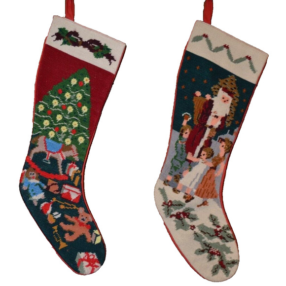 Vtg Needlepoint Christmas Stocking Christmas Tree Toys Santa Kids 16